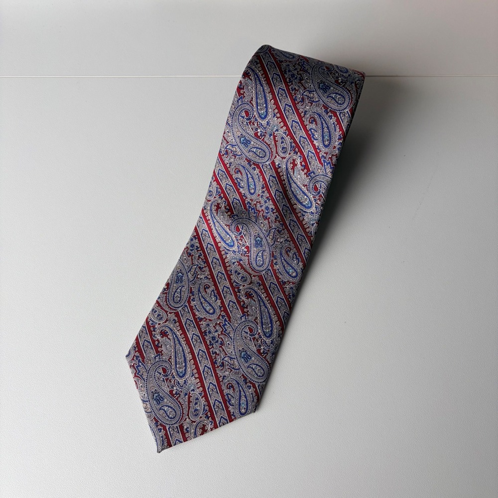 Christian Dior Mens Silk Paisley Striped Tie Red Blue Silver Made in USA Italy